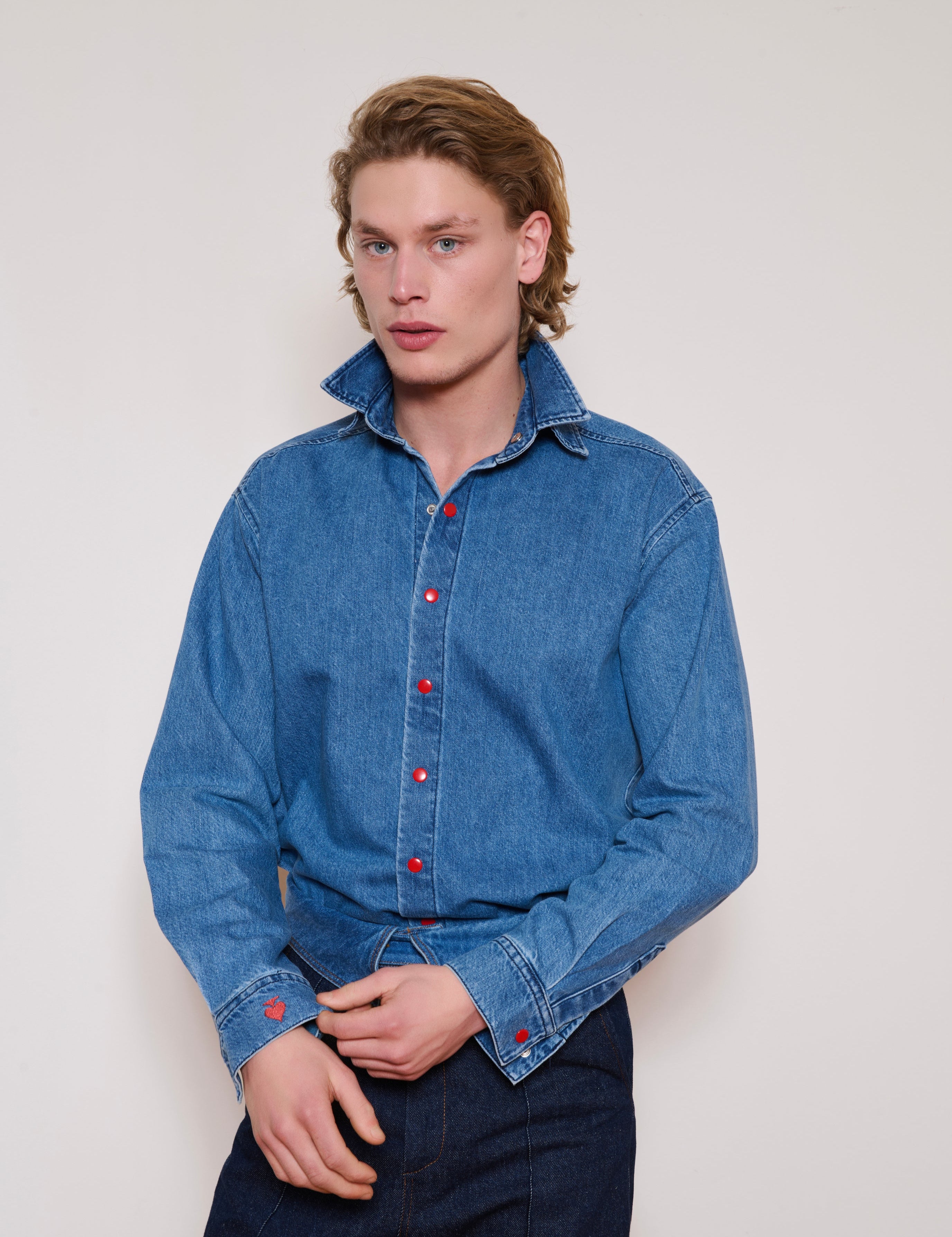 The Red Buttoned Denim Shirt
